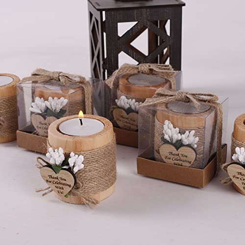 Pack of 10 Wood Tealight Candle Holder, Bridal Shower Tealight Holder Thank You Gifts, Wedding Party Favors for Guests, Wooden Cylinder Candle Holders for Table Centerpiece (Heart Tag, Light Brown)