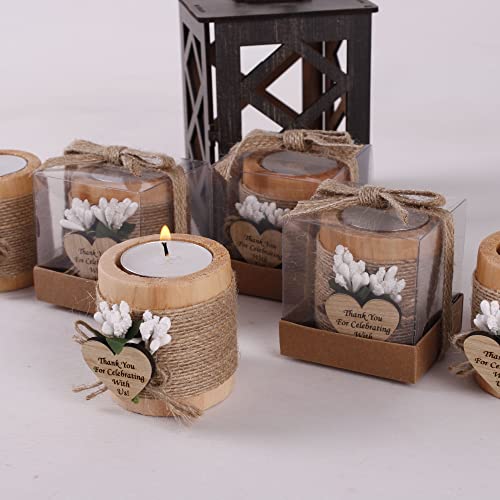 10 Pck Wood Tealight Candle Holder, Bridal Shower Tealight Holder Thank You Gifts, Wedding Party Favors for Guests, Wooden Cylinder Candle Holders for Table Centerpiece (Heart Tag, Light Brown)