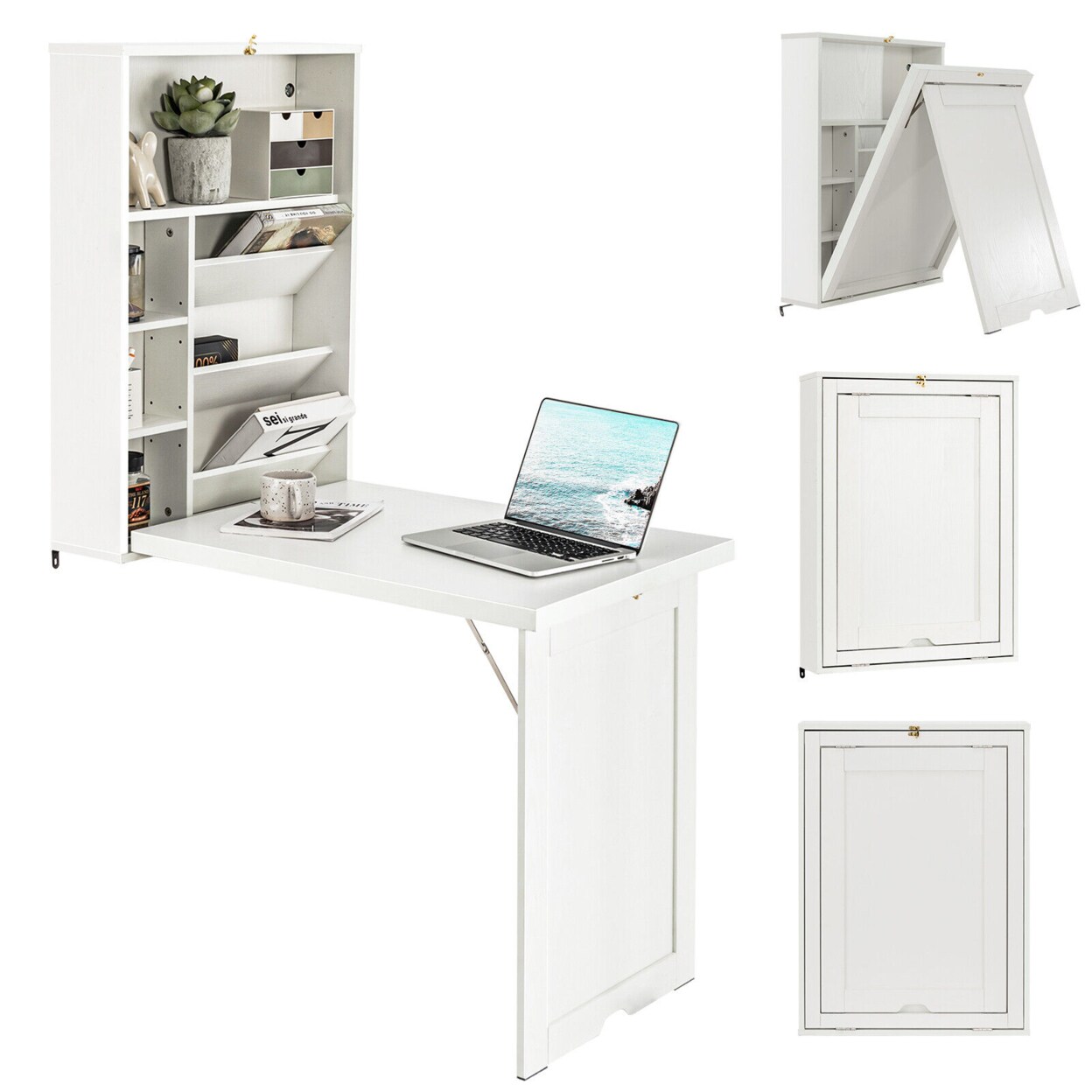 Wall Mounted Computer Convertible Desk Floating Desk W/ Storage Bookcases White
