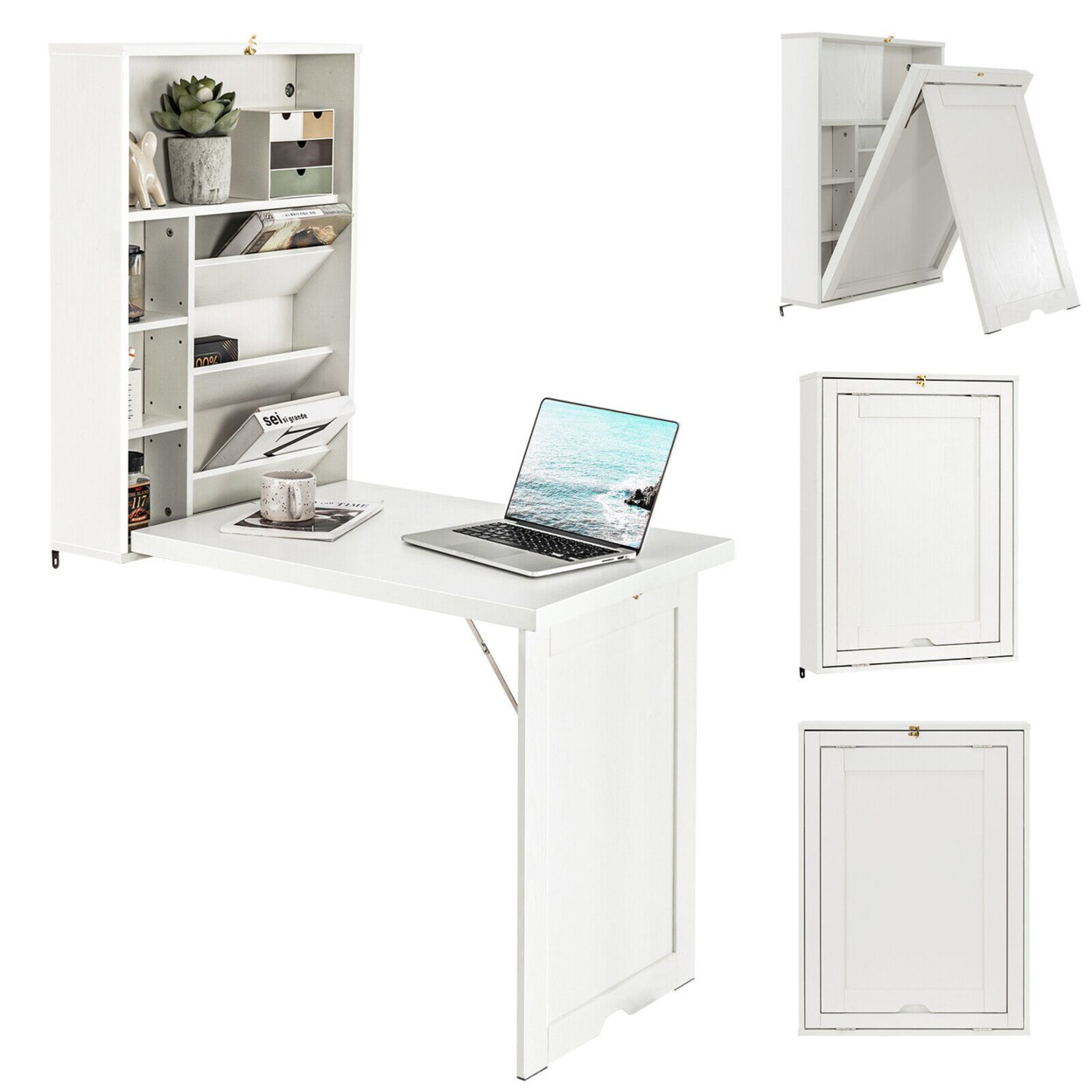 Wall Mounted Computer Convertible Desk Floating Desk W/ Storage Bookcases White