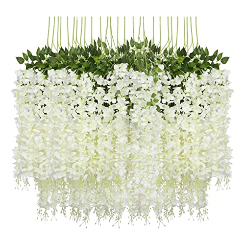 24 Pack Wisteria Hanging Flowers Fake Flower Garland Artificial Wisteria Vines Rattan Silk Flower String Wedding Party Wall Decorations,White