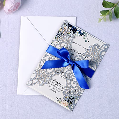 20 PCS 5 x 7'' Silver Giltter Laser Cut Wedding Invitations with Envelopes for Wedding Party Bridal Shower Engagement Birthday Sweet 16 Invite - Silver Glitter with Royal Blue Ribbons