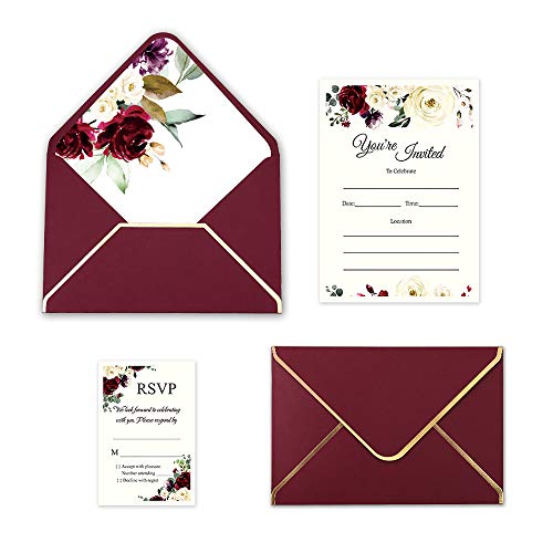 25 Pack Burgundy Fill-in Invitations Cards with Burgundy Rose and Envelope with Gold Border for Wedding,Engagement Invite
