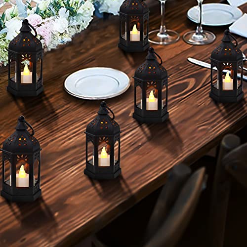 SHYMERY Mini Lantern with Flickering LED Candles,Vintage Black Decorative Hanging Candle Lanterns for Halloween,Wedding Decorations,Christmas,Table Centerpiece,Battery Included&#xFF08;Set of 6&#xFF09;