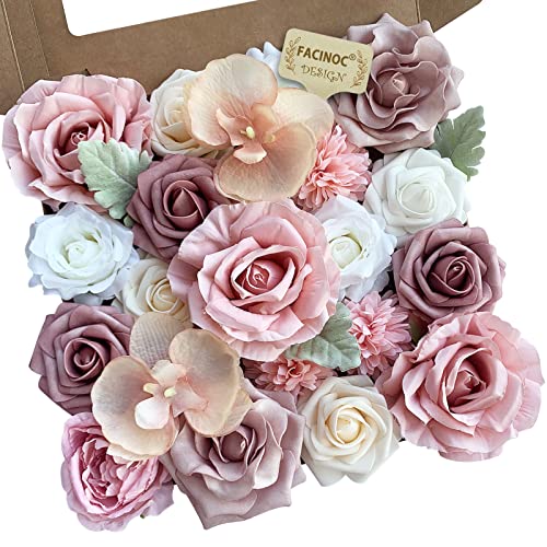 FACINOC Roses Artificial Flowers Pink Bouquet Combo Box Set Fake Flowers Bulk for DIY Bridal Wedding Shower Decorations Centerpieces for Table Fake Floral Arrangement for Party Home Decor Indoor