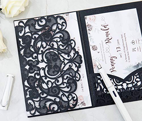 50 Sets Tri fold Love Hollow Laser cut Pocket Wedding Invite Invitation Card Jacket for Party Birthday Quinceañera Invite 4.92 by 7.28 inches (Black, Only Invitation cover)