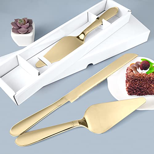 Cake Cutting Set for Wedding, Elegant Knife and Server with Thickened Stainless Steel Rounded Edges, Cutter Pie Spatula Birthday Anniversary Christmas Gift of 2, Gold