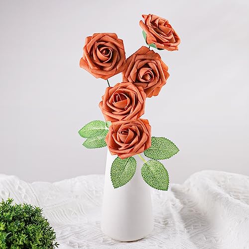 AmyHomie Artificial Flowers Burnt Orange Rose 25pcs Real Looking Fake Roses w/Stem for Fall Decor DIY Wedding Bouquets Centerpieces Arrangements Party Baby Shower Home Decorations