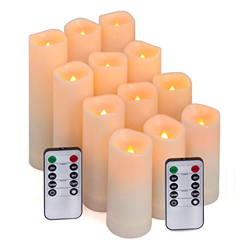 Aignis Flameless LED Candles with 10-Key Remote &#x26; Timer, Outdoor Indoor Waterproof Battery Operated Candles for Home/Wedding D&#xE9;cor, Exquisite Set of 12 (D2.2&#x27;&#x27; x H4&#x27;&#x27;5&#x27;&#x27;6&#x27;&#x27;7&#x27;&#x27;)