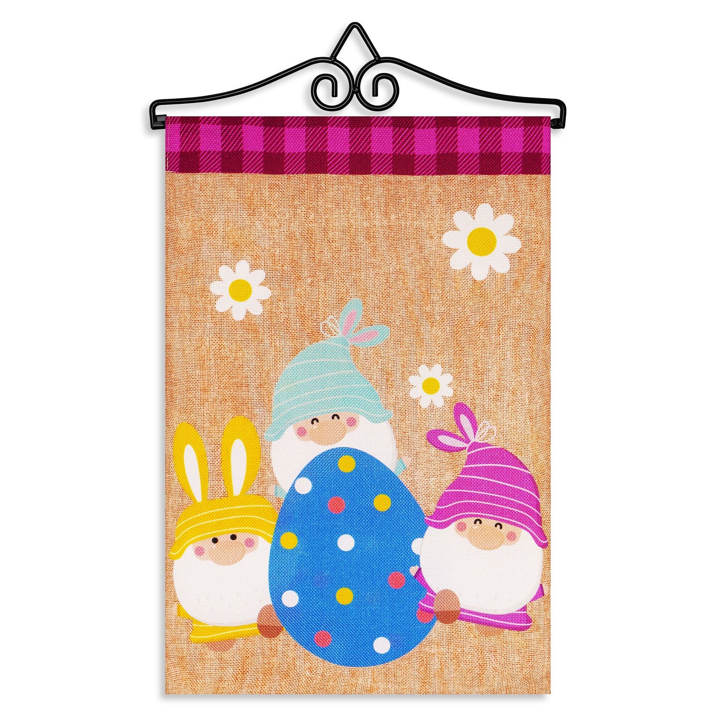 G128 Combo Pack Garden Flag Hanger 14IN &#x26; Garden Flag 3 Gnomes with Large Easter Egg 12x18IN Printed Double Sided Burlap Fabric