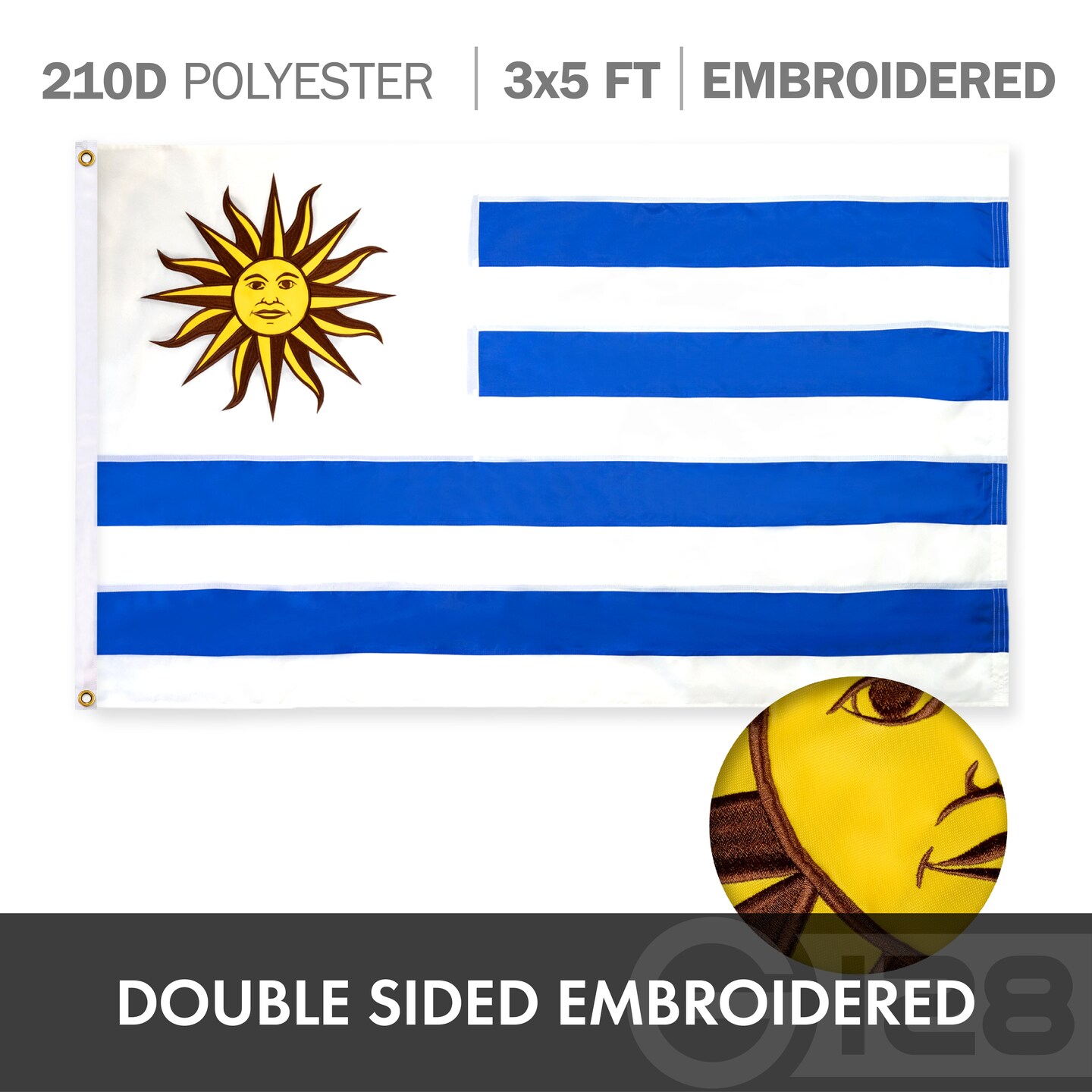 G128 Combo Pack: USA American Flag 3x5 Ft Embroidered Stars &#x26; Uruguay (Uruguayan) Flag 3x5 Ft Double-sided Embroidered 210D