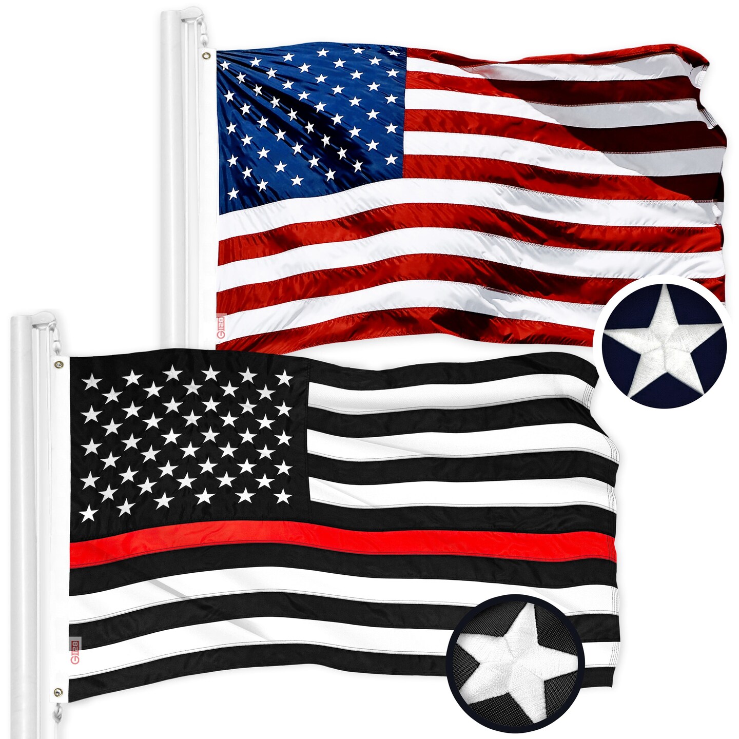 G128 Combo Pack: USA American Flag 3x5 Ft Embroidered Stars &#x26; Thin Red Line Flag 3x5 Ft Embroidered