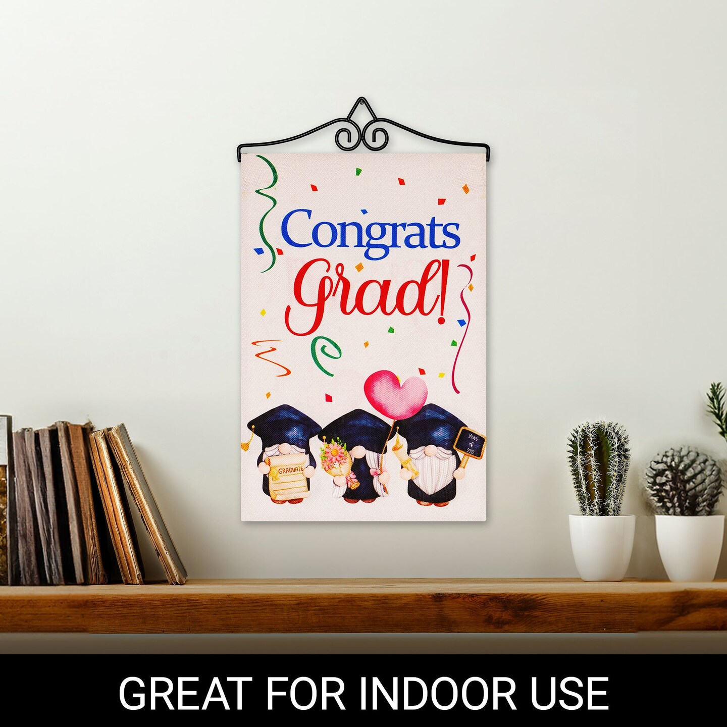 G128 Combo Pack Garden Flag Hanger 14IN &#x26; Garden Flag Congrats Grad 3 Gnomes Graduating 12x18IN Printed Double Sided Burlap Fabric