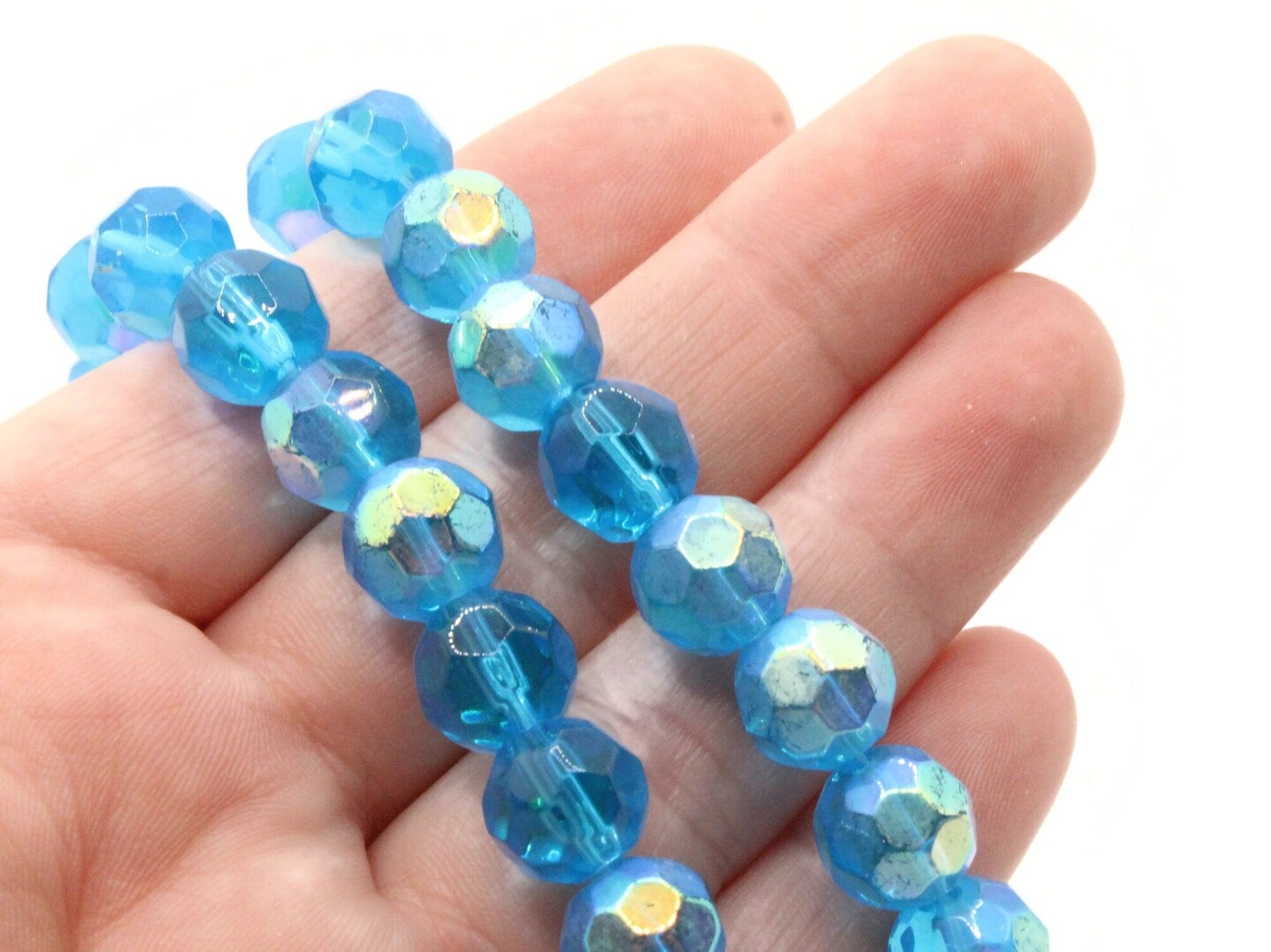 32 10mm Sky Blue Faceted Round Glass Beads with AB Finish