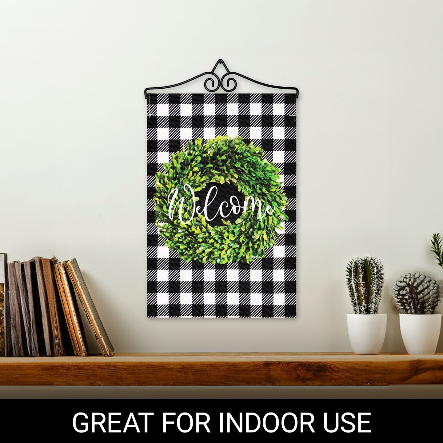 G128 Combo Pack Garden Flag Hanger 14IN & Garden Flag Welcome Wreath 12x18IN Printed Double Sided Burlap Fabric