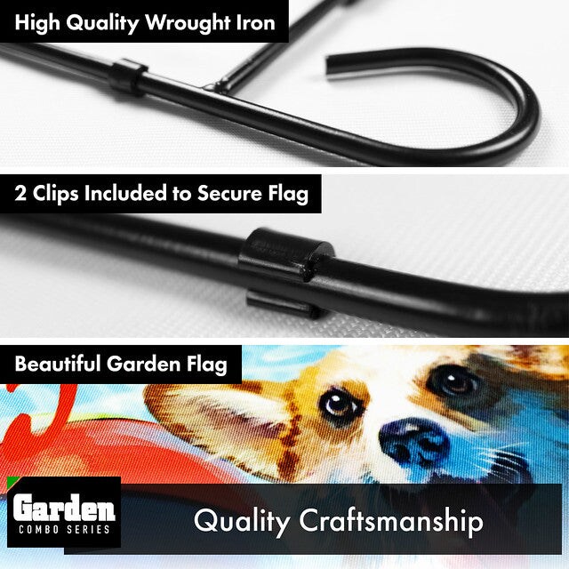 G128 Combo Pack: Garden Flag Stand Black 36x16 Inch &#x26; Garden Flag Summer Fun with Dog in Pool 12x18 Inch