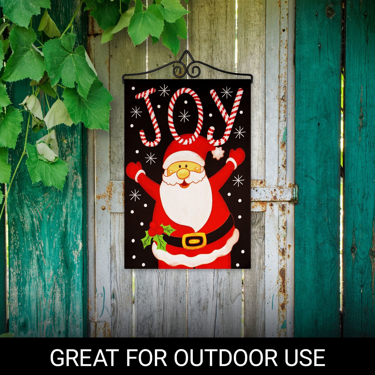 G128 Combo Pack Garden Flag Hanger 14IN &#x26; Garden Flag Joyful Santa 12x18IN Printed Double Sided Blockout Fabric