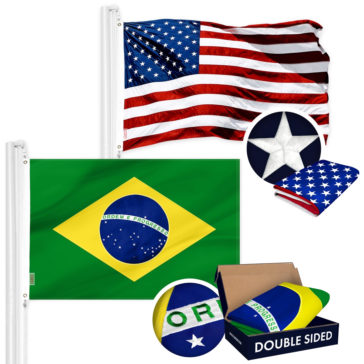 G128 Combo Pack: USA American Flag 3x5 Ft Embroidered Stars &#x26; Brazil (Brazilian) Flag 3x5 Ft Double-sided Embroidered 210D