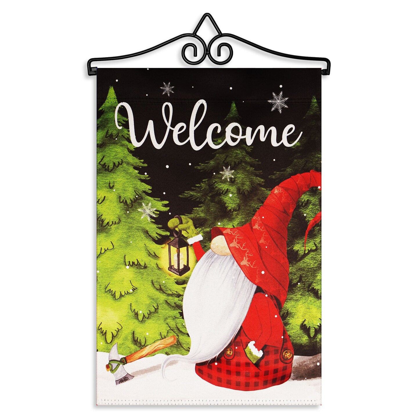 G128 Combo Pack Garden Flag Hanger 14IN &#x26; Garden Flag Welcome Festive Gnome with Lantern 12x18IN Printed Double Sided Blockout Fabric