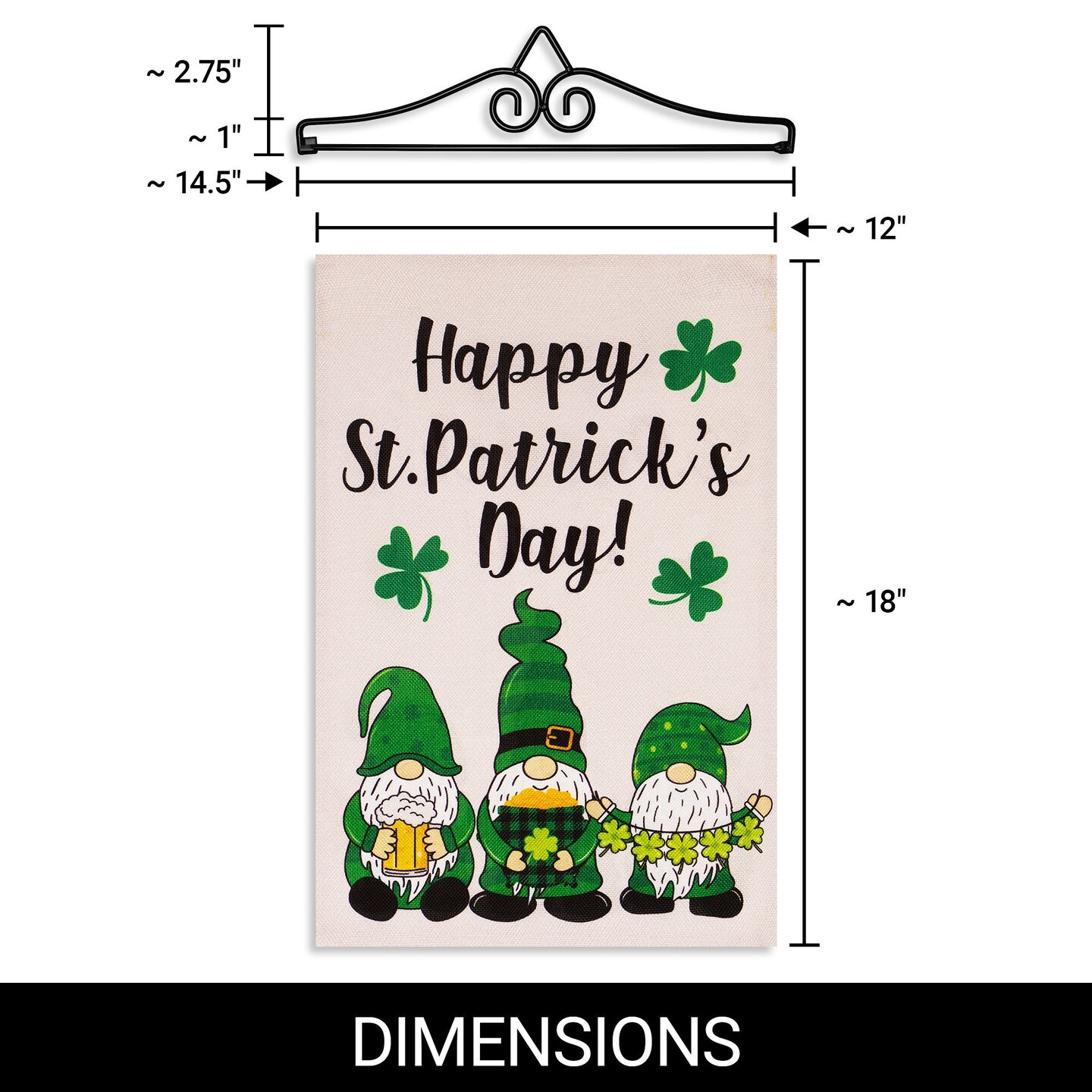 G128 Combo Pack Garden Flag Hanger 14IN &#x26; Garden Flag Happy St. Patrick&#x27;s Day 3 Leprechaun Gnomes 12x18IN Printed Double Sided Burlap Fabric