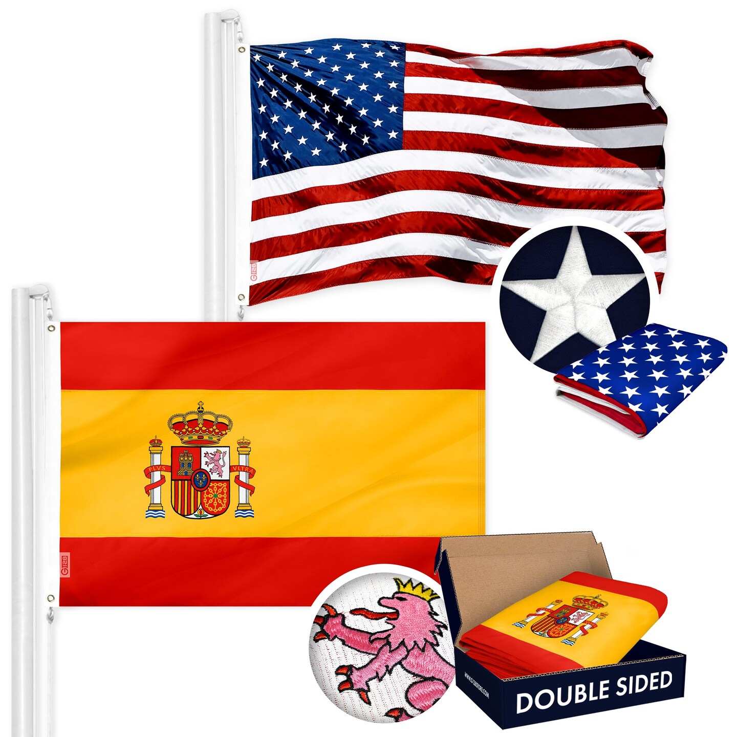 G128 Combo Pack: USA American Flag 3x5 Ft Embroidered Stars &#x26; Spain (Spanish) Flag 3x5 Ft Double-sided Embroidered 210D