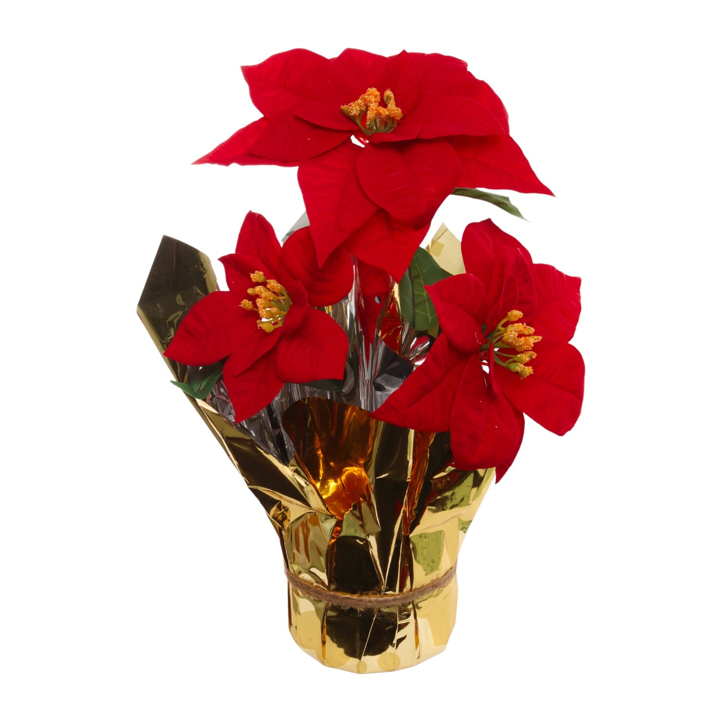 Red Velvet Poinsettia Bush with 3 Silk Flowers in Gold FoiL - Lifelike Holiday Decor | Elegant Centerpiece for Tabletop & Mantel | Perfect Festive Christmas Accent - 2024 Christmas Collection, Floral Home by Artificial Flowers