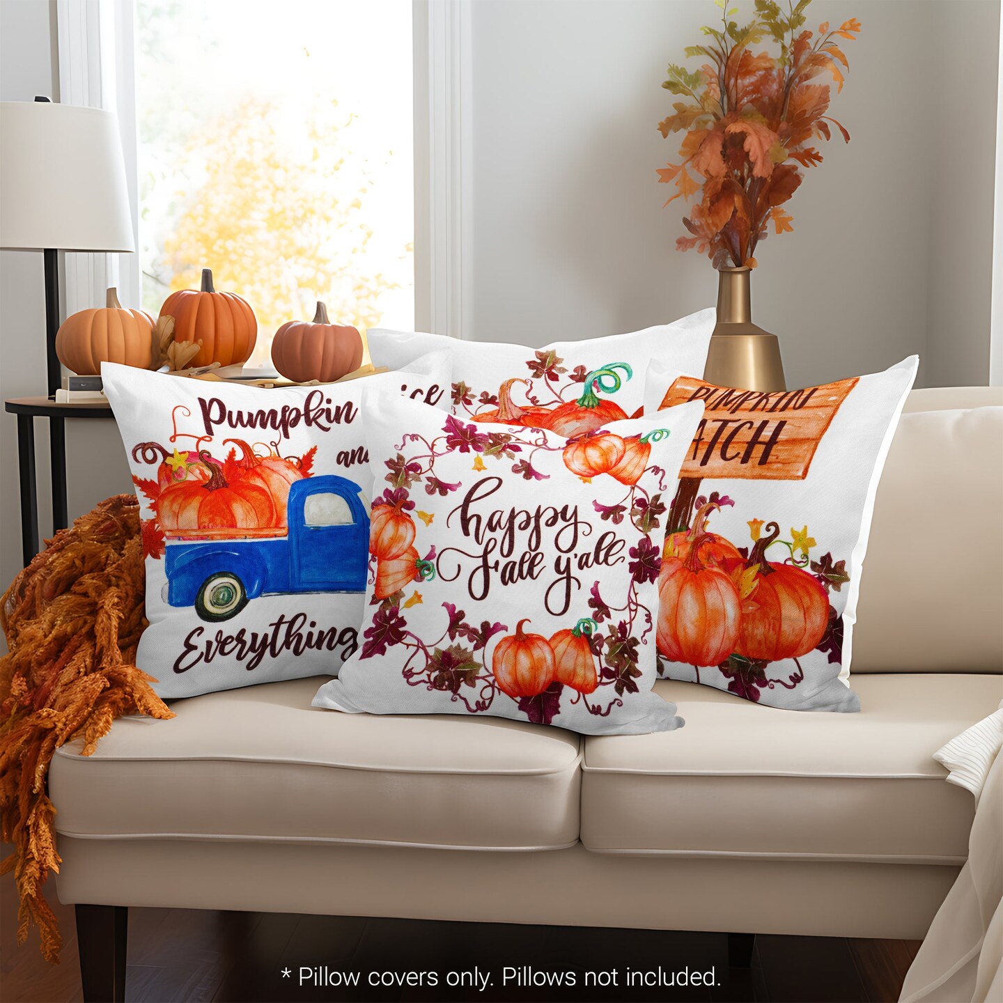 G128 Fall Decoration Pumpkin Wagon Tractor Waterproof Throw Pillow Covers | 18 x 18 In | Set of 4, Beautiful Cushion Covers for Autumn Sofa Couch Decoration