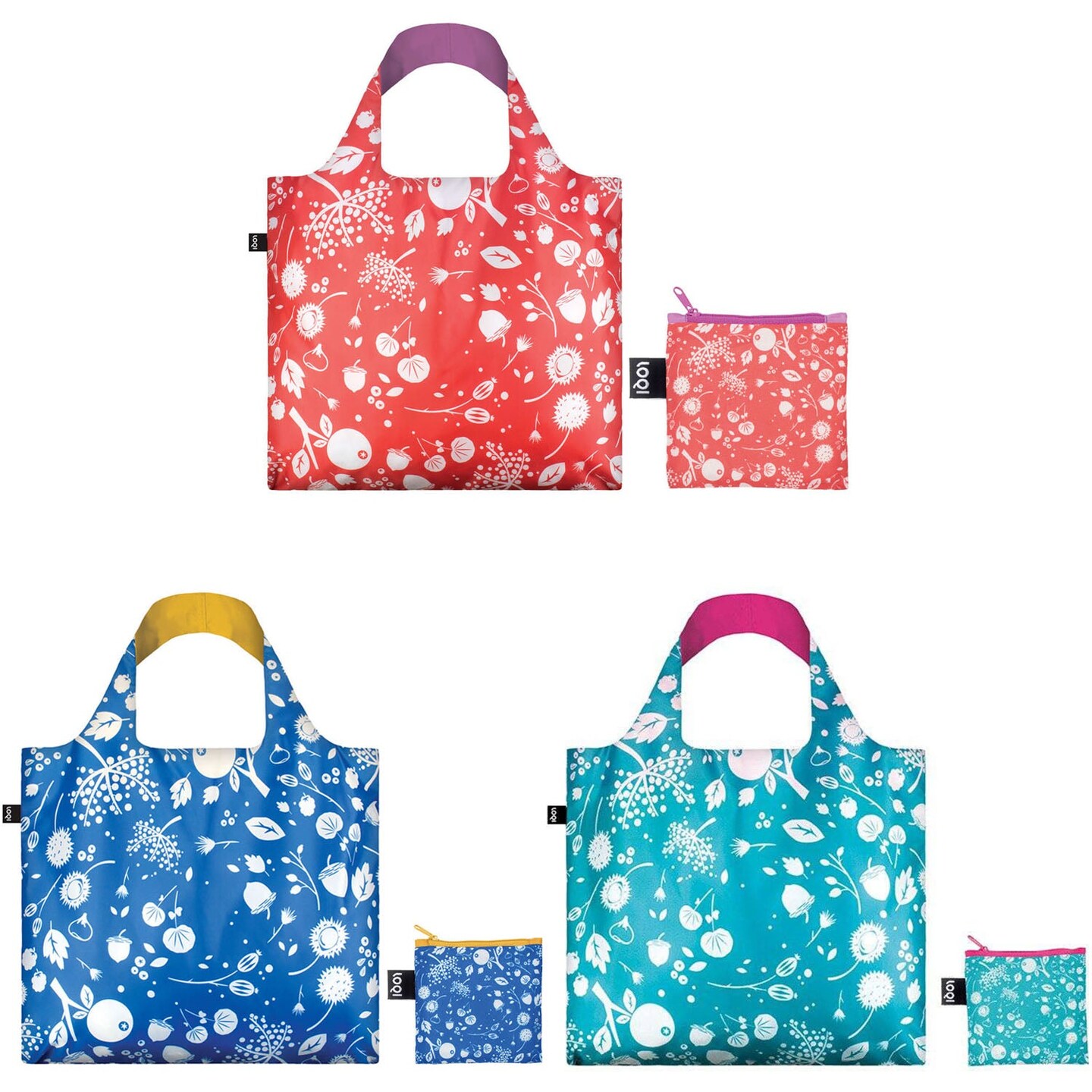 LOQI Seed Reusable Shopping Bags, Set of 3, Coral Bell, Cornflower, Teal