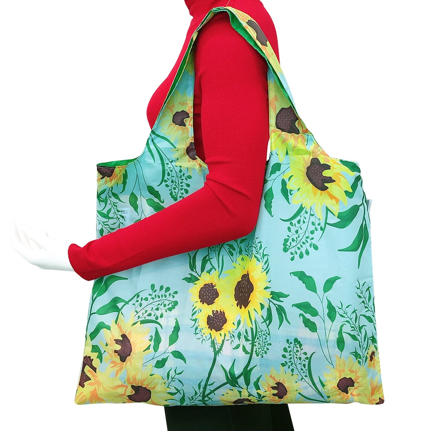 Wrapables Large Reusable Shopping Tote Bag with Outer Pouch, Sunflowers