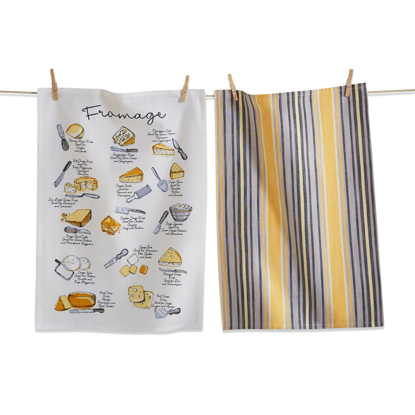 Set of 2 Fromage Cheese Themed with Coordinating Yellow and Black Stripe Cotton   Kitchen Dishtowels 26L x 18W in. Decoration D&#xE9;cor