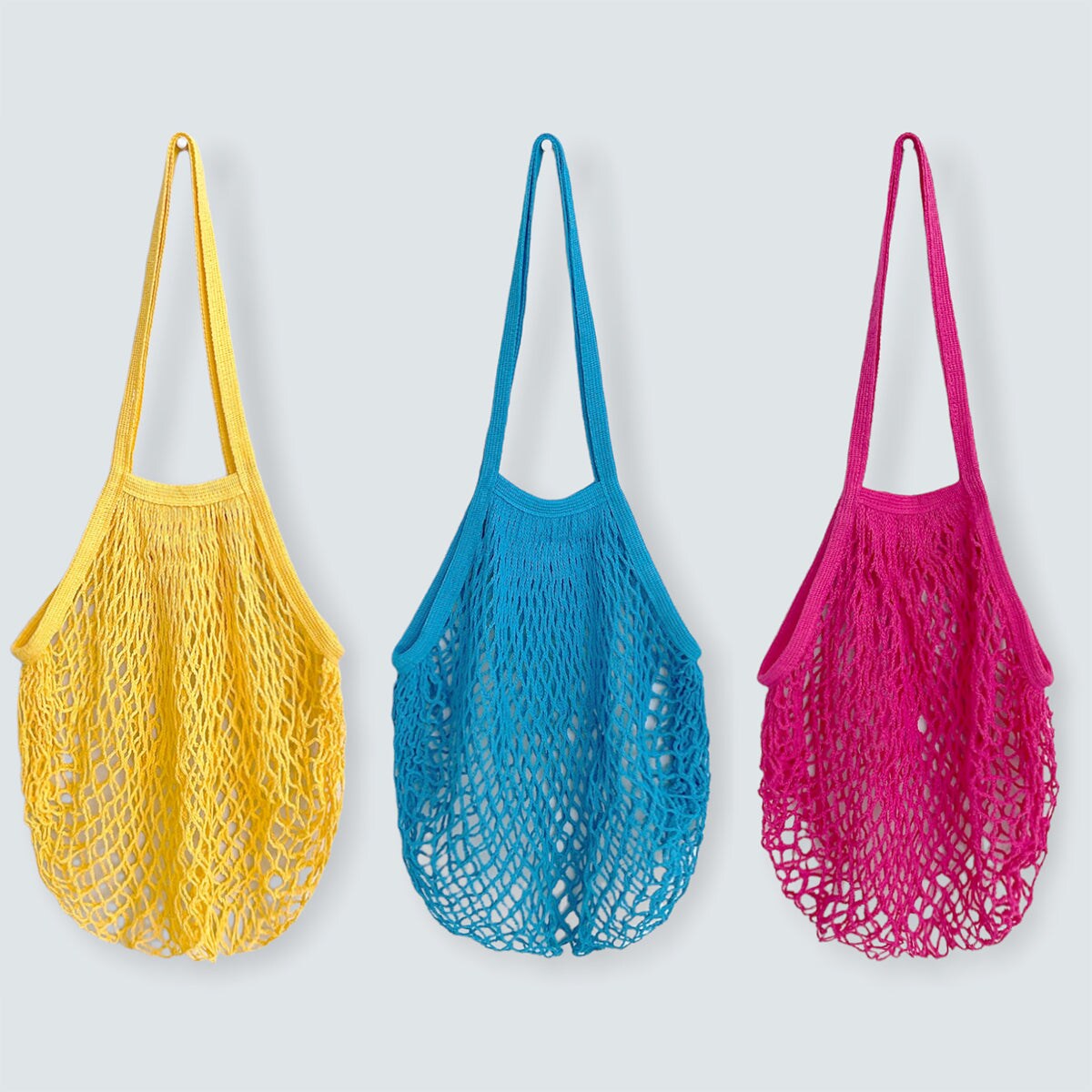 Wrapables Cotton Mesh Net Shopping Bag, Grocery Bag for Vegetables, Produce (Set of 3) Yellow/ Blue / Hot Pink