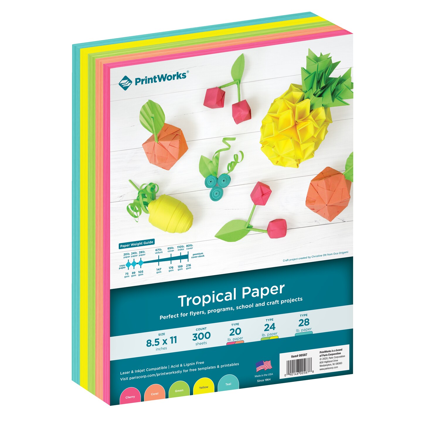 Printworks Tropical Paper, Includes Cherry, Coral, Green, Yellow and Teal Paper, 8 &#xBD;&#x201D; x 11&#x201D;, 300 Sheets (00587)
