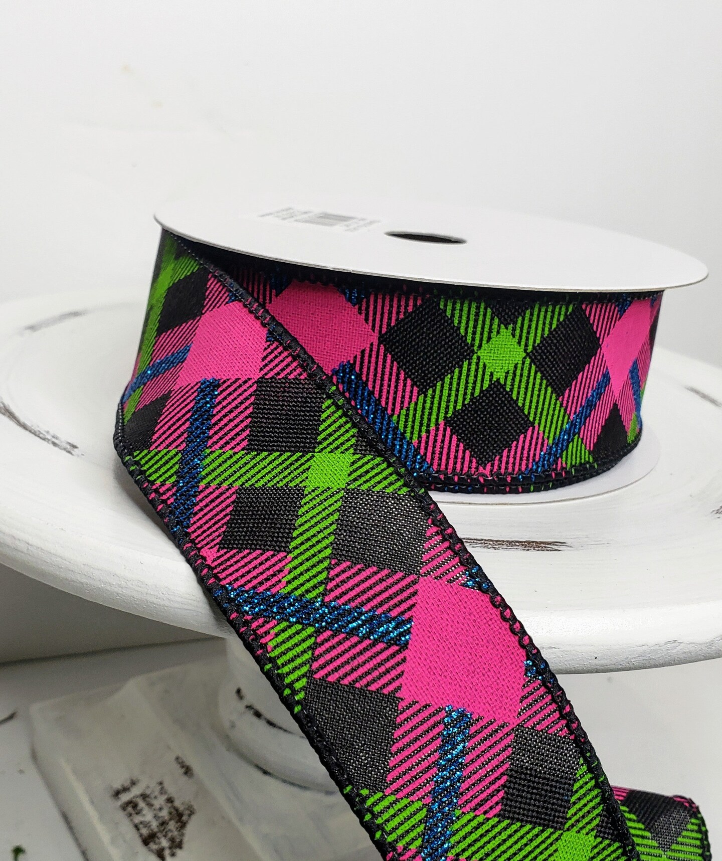 Printed Plaid on Royal Spring Wired Ribbon - Vibrant Spring Colors in Black, Lime, Hot Pink, and Blue-RGA143202