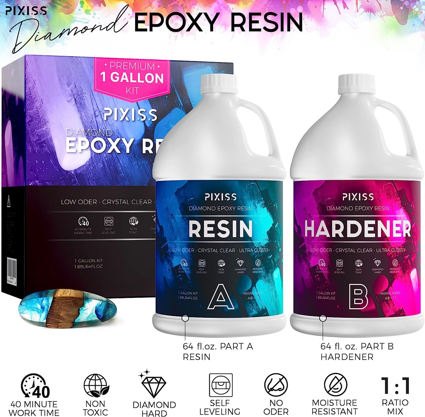 Pixiss Epoxy Resin Easy Mix 1:1 Gallon Kit Crystal Clear Casting
