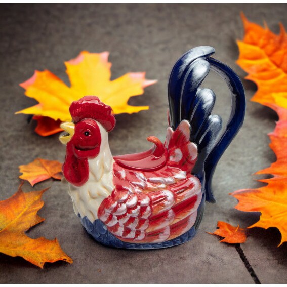 kevinsgiftshoppe Ceramic Blue and Red Rooster Teapot   Tea Party Decor Cafe Decor Fall Thanksgiving Decor Farmhouse Decor