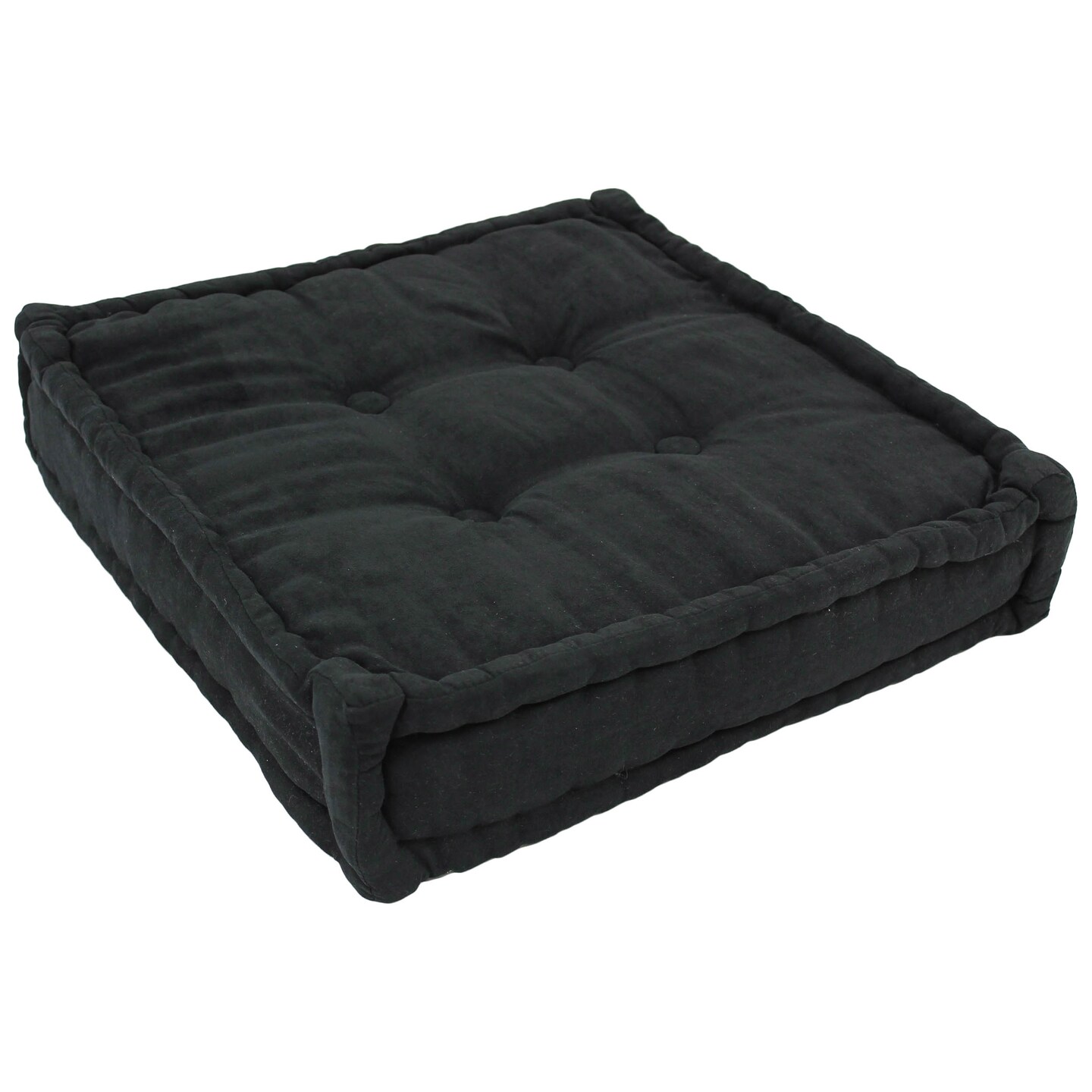 20-inch Square Corded Floor Pillow with Button Tufts - Black