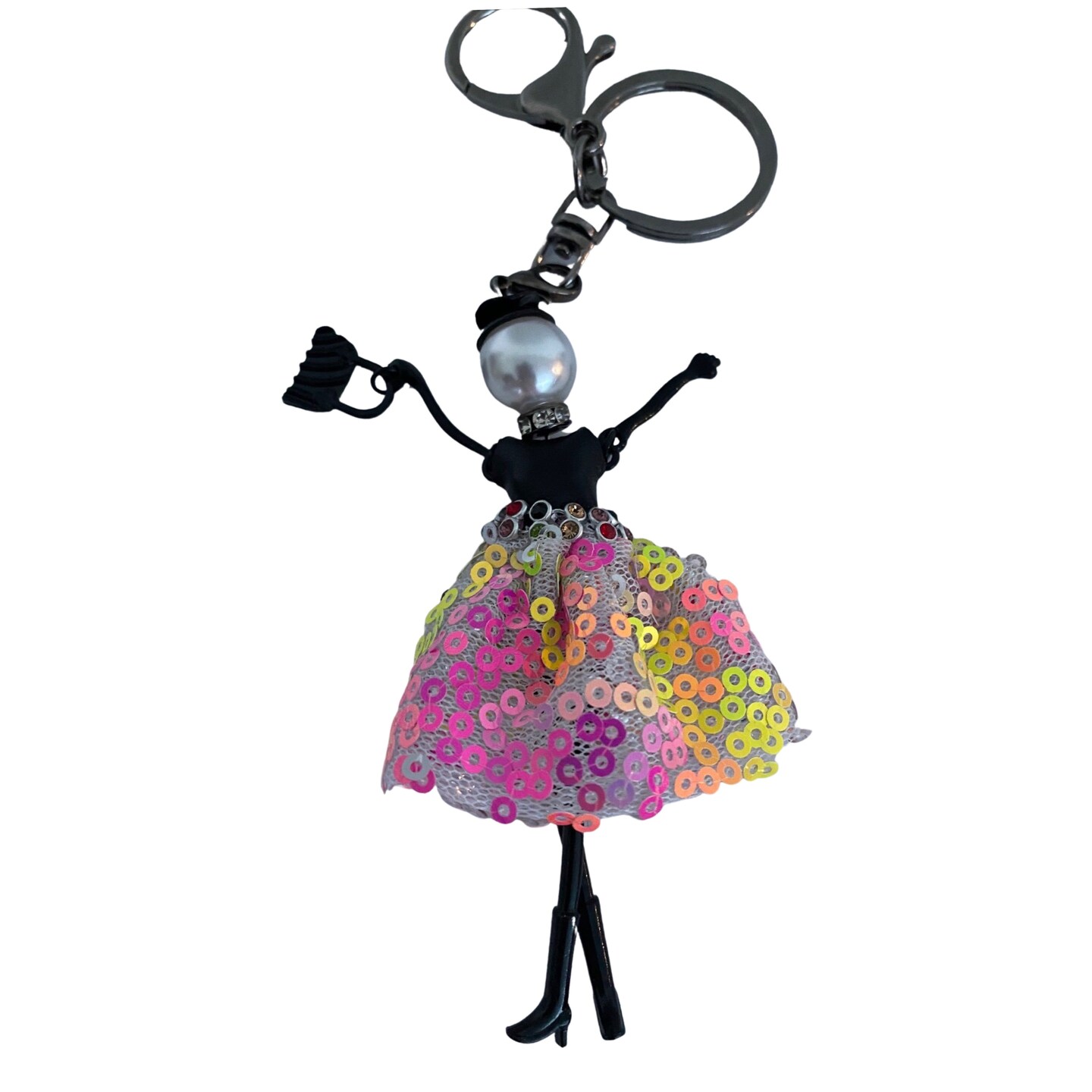 Wrapables Hanging Fashionista Doll Keychain, Crystal Rhinestone Keyring Bag Charm, Pink &#x26; Yellow Sequins