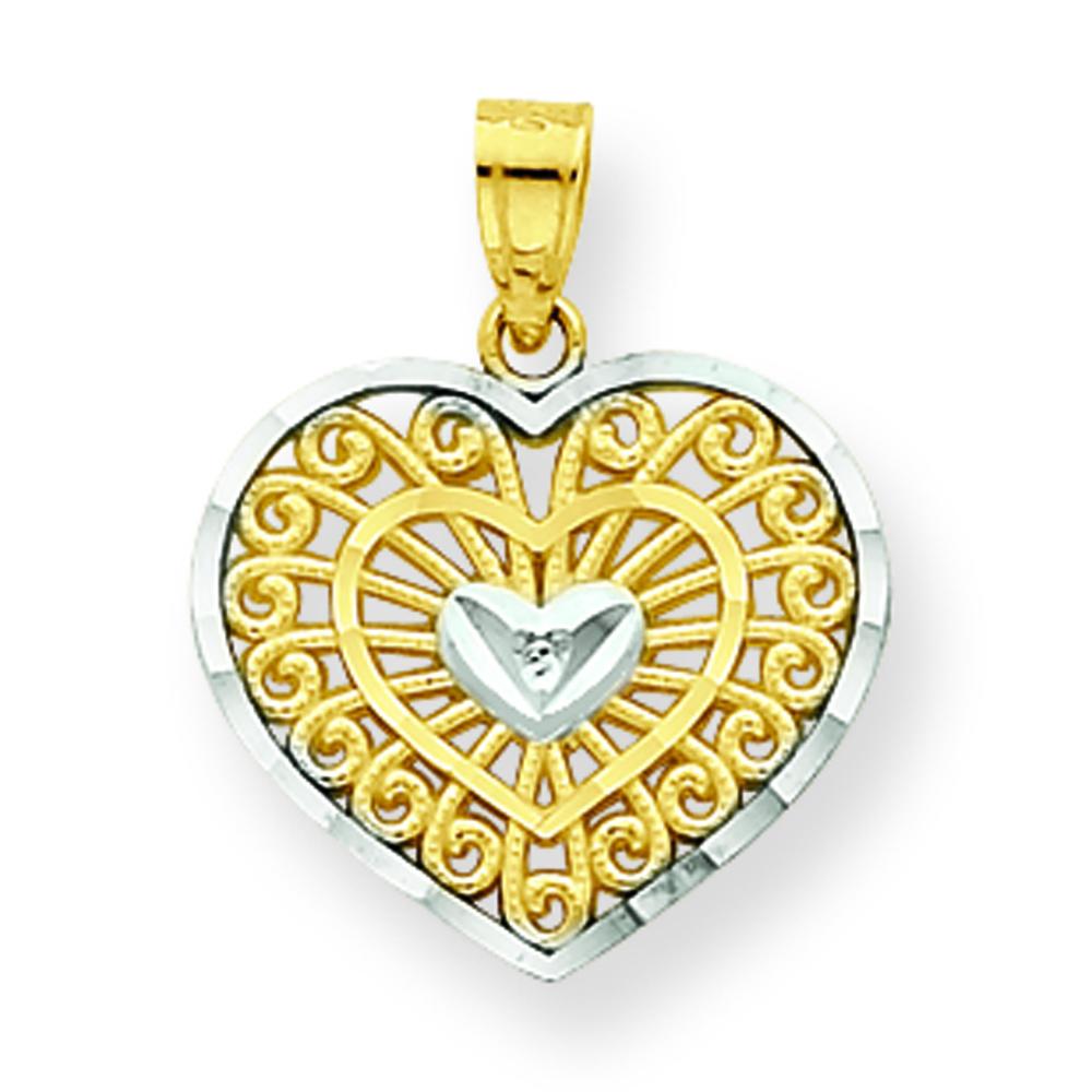 10K Gold &#x26; Rhodium Plated Heart Charm Pendant Jewelry 20 x 15mm