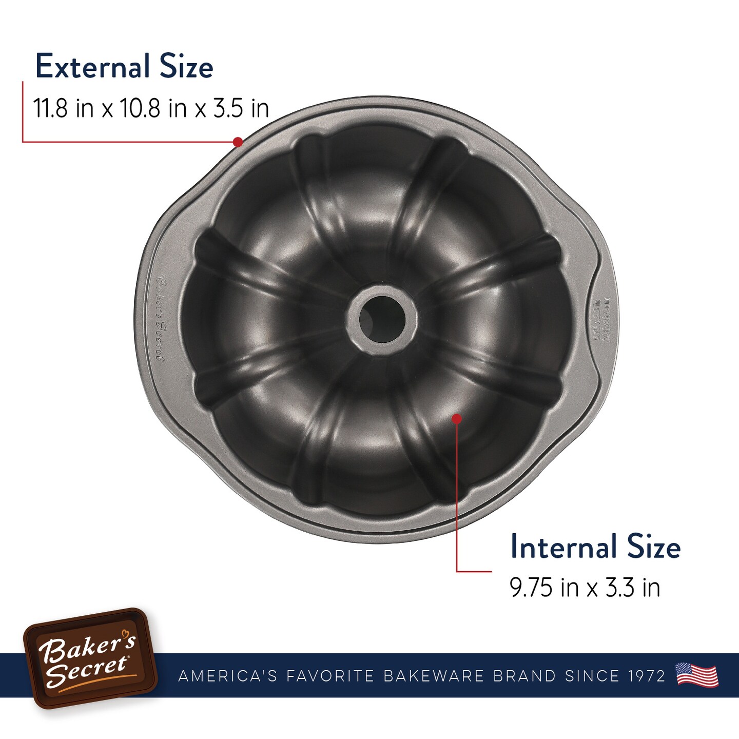 Baker&#x27;s Secret 9.75&#x22; Fluted Cake Pan, Nonstick, compatible with Bundt Cake Pan Nonstick, Food-Grade Bakeware For Easy Release Dishwasher Safe Oven Baking Supplies - Classic Collection