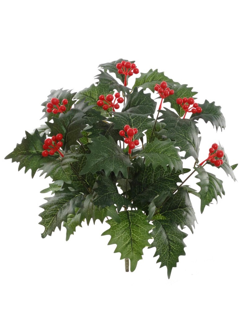 12-Pack: Green Holly Bush with Silk Leaves &#x26; Berries by Floral Home&#xAE;
