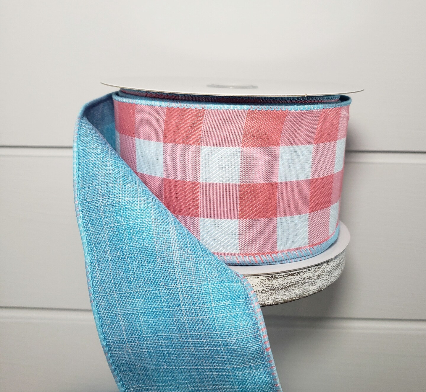 2.5"x10Yds Double Sided Coral/Aqua Linen Buffalo Plaid Spring Ribbon - Fresh Charm for Seasonal Crafts and Decor-41147-40-46