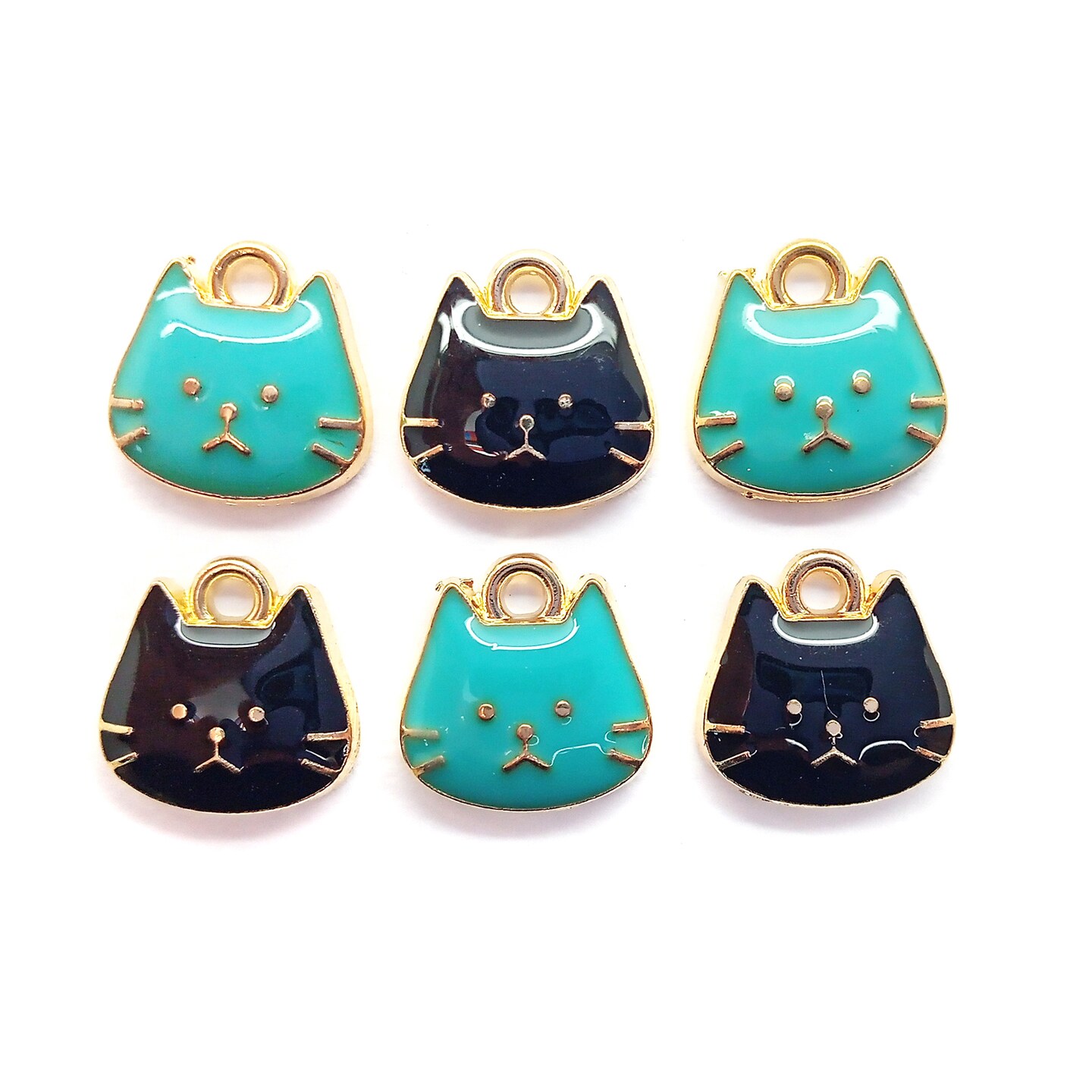 Cute Cat Charms, Set of 6, Black and Aqua Kitten Charms, Adorabilities