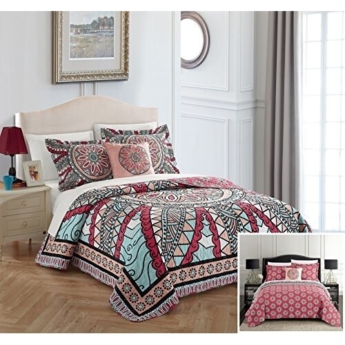 Chic Home   4 Pc. Hakan 100% Cotton 200 Thread Count XL Panel Framed Vintage Boho Printed REVERSIBLE Quilt Set w/ Shams