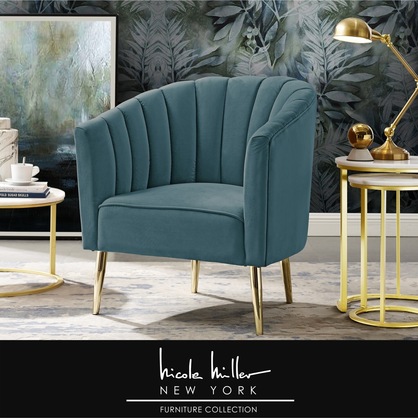 Nicole Miller   Kody Velvet Accent Chair-Channel Tufted Back-Mirror Lacquer Finish Legs