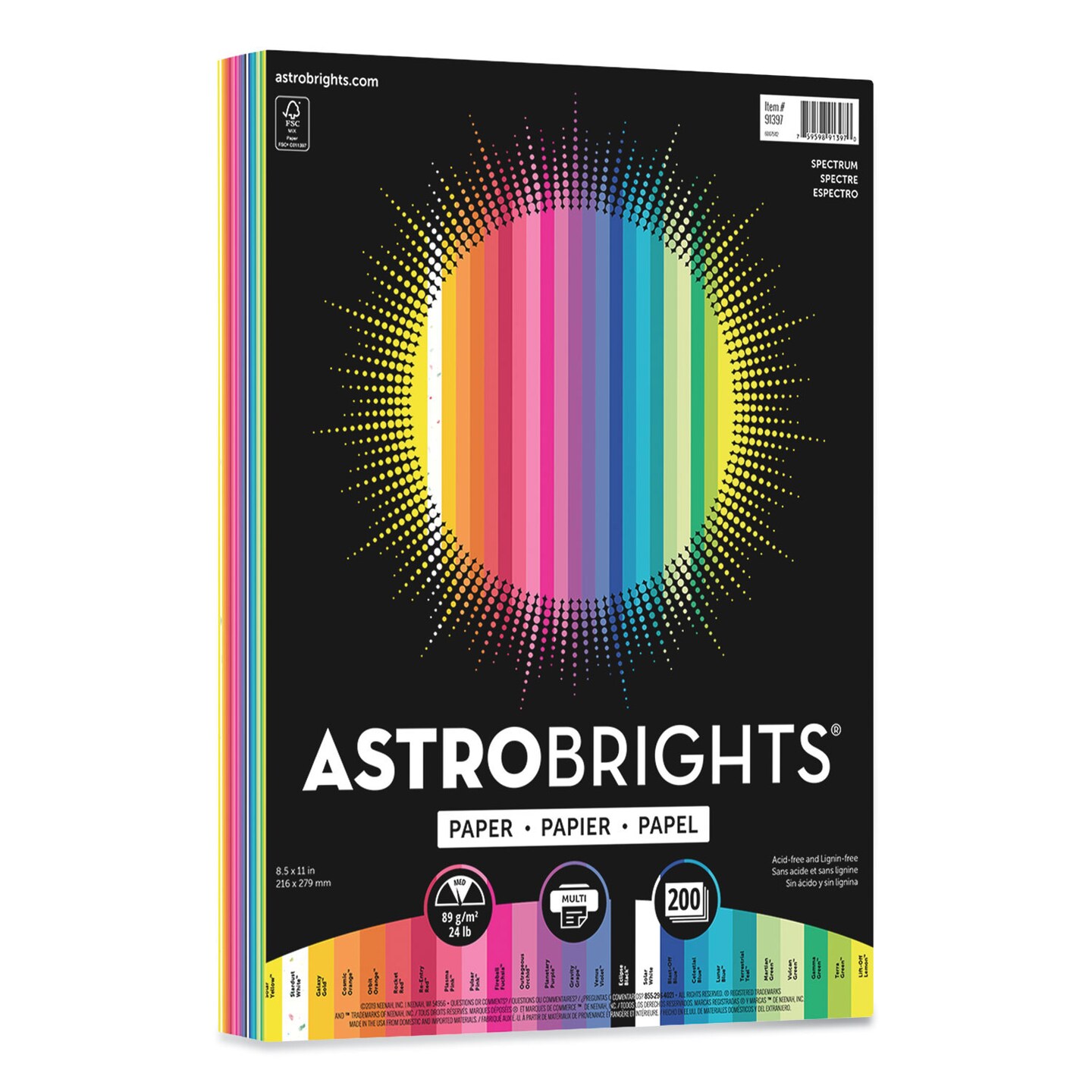 Astrobrights Color Paper - &#x22;Spectrum&#x22; Assortment, 24 lb Bond Weight, 8.5 x 11, 25 Assorted Spectrum Colors, 200/Pack
