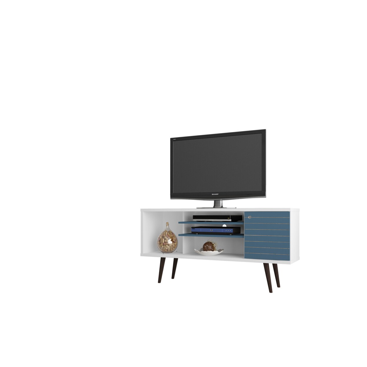 Manhattan Comfort Liberty 53.14&#x22; Mid Century - Modern TV Stand with 5 Shelves &#x26; 1 Door with Solid Wood Legs, White and Aqua Blue