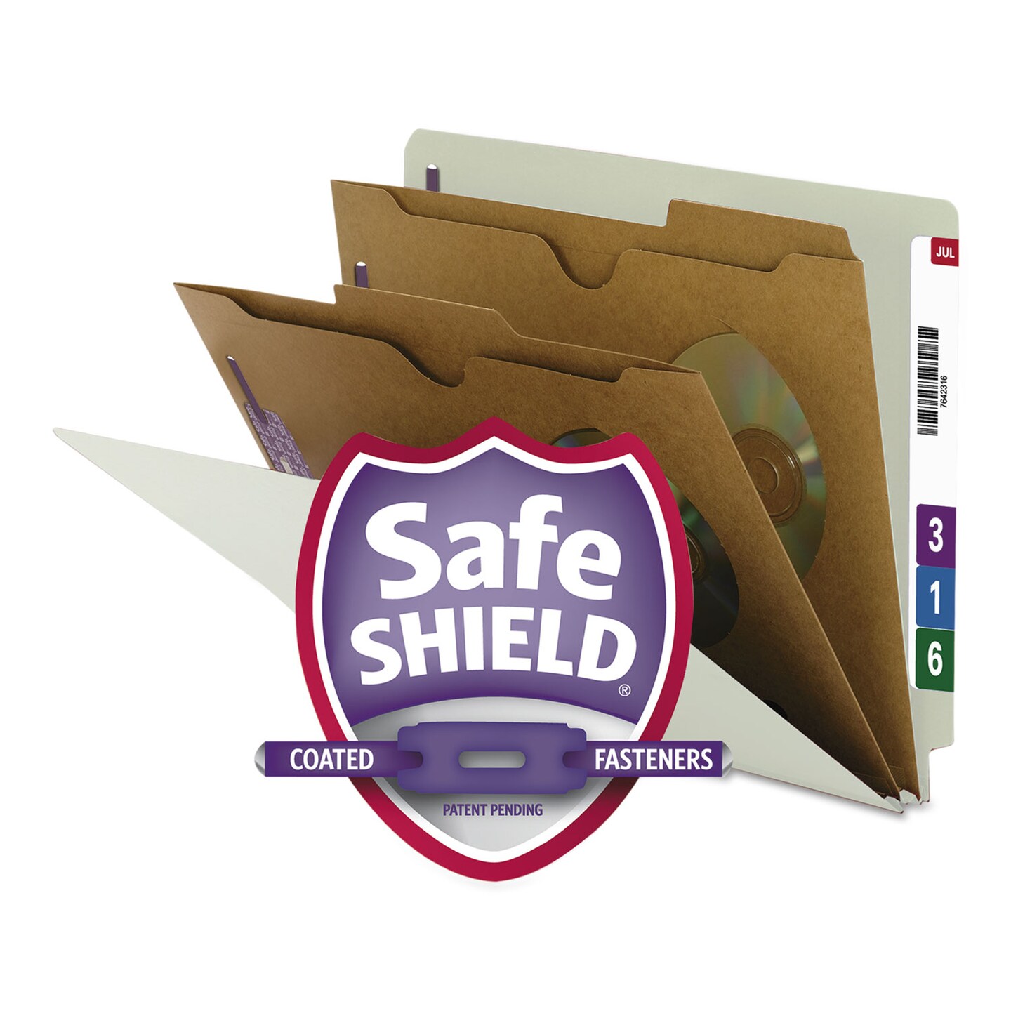 X-Heavy End Tab Pressboard Classification Folders, Six SafeSHIELD Fasteners, 2 Dividers, Letter Size, Gray-Green, 10/Box