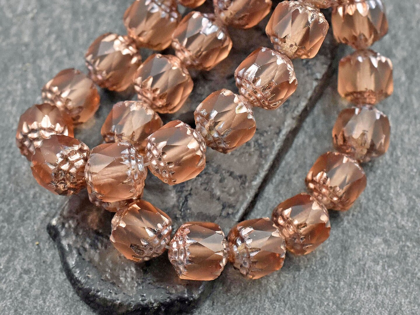 *15* 8mm Copper Washed Matte Peach Fire Polished Cathedral Beads