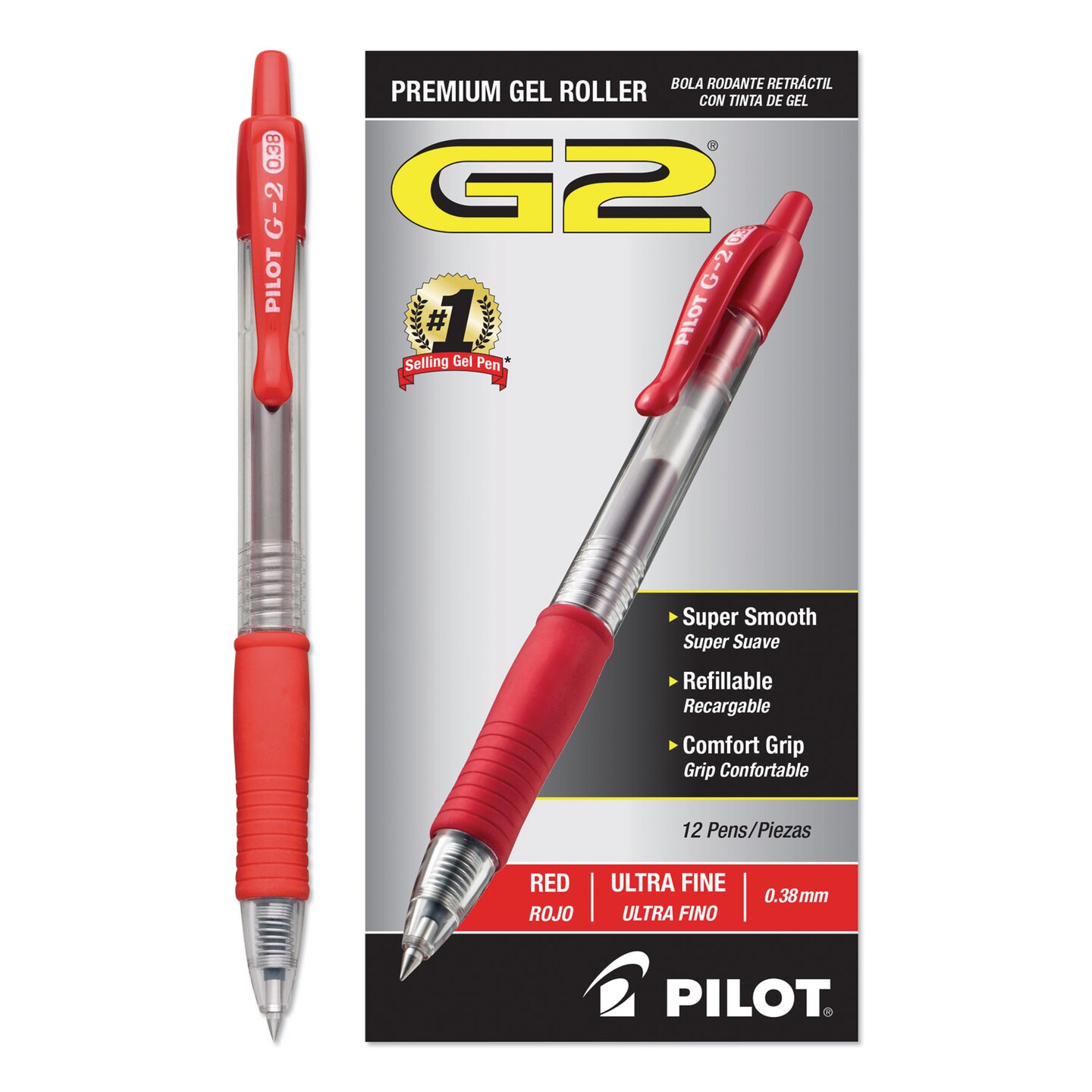 Pilot G2 Premium Retractable Gel Pen Ultra-Fine 0.38mm Red Ink Clear/Red Barrel