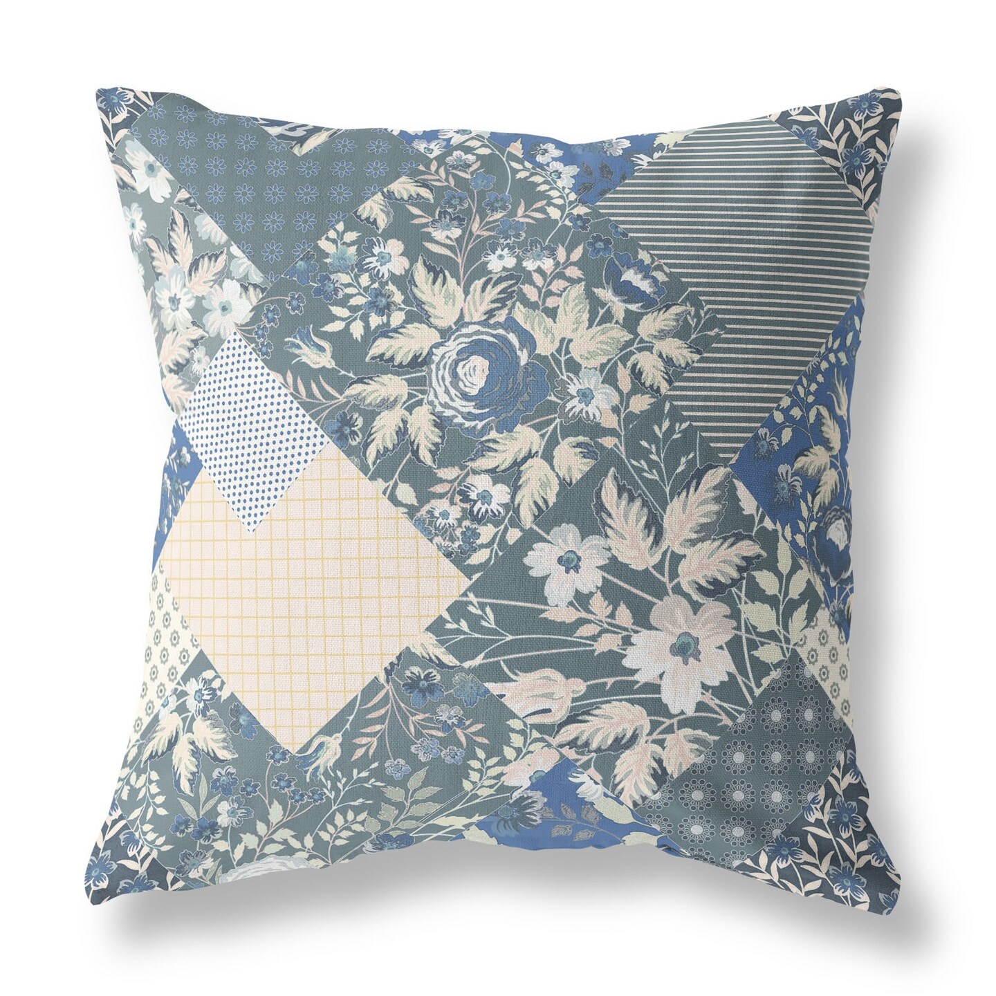 26&#x22; Gray Blue Boho Floral Indoor Outdoor Throw Pillow